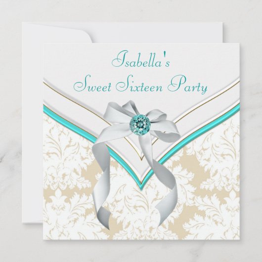 Invitation Fête douce 16 ans damas bleu sarcelle (Devant)