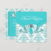 Invitation Fête douce 16 ans damas bleu sarcelle (Devant / Derrière)