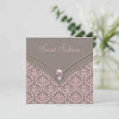 Invitation Fête douce 16 ans damas rose marron (Debout devant)