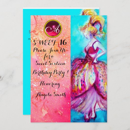 Invitation FÊTE DOUCE 16 ANS FILLE, Monogramme Paillettes Ros (Devant / Derrière)