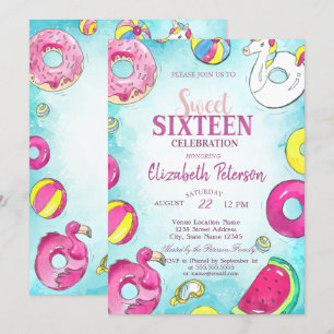 Invitation Fête Douce 16 ans Licorne Flamant Rose Piscine d'É
