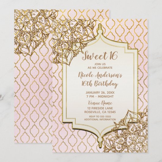 Invitation Fête douce 16 ans nuits arabes marocaines rose et (Devant / Derrière)