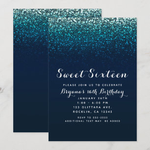Invitation Fête douce 16 ans paillettes scintillement bleu aq