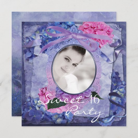 Invitation Fête Douce 16 ans Photo Hydrangea Rose Violet Bleu (Devant / Derrière)