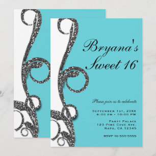 Invitation Fête Douce 16 Ans Tourbillon Paillettes Argent Bla