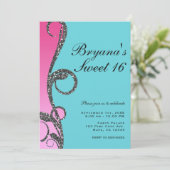 Invitation Fête douce 16 ans tourbillon paillettes argent ros (Debout devant)