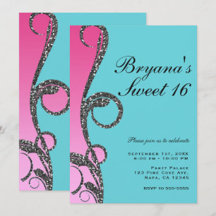 Invitation Fête douce 16 ans tourbillon paillettes argent ros