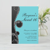 Invitation Fête douce 16 ans tourbillon paillettes sarcelle e (Debout devant)