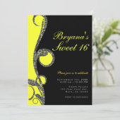 Invitation Fête douce 16 Black & Neon Yellow Glitter Swirl (Debout devant)