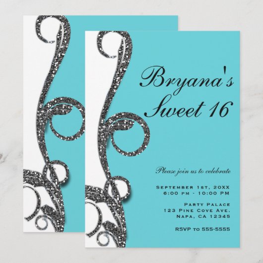 Invitation Fête douce 16 Glitter argent blanc sarcelle (Devant / Derrière)