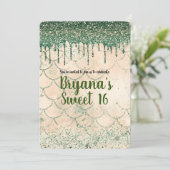 Invitation Fête Douce 16 Glitter Vert Drip Pêche Sirène (Debout devant)