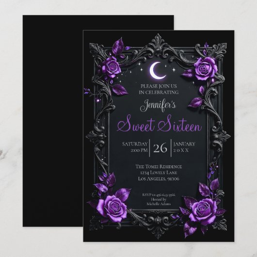 Invitation Fête douce 16 gothique florale violette (Devant / Derrière)