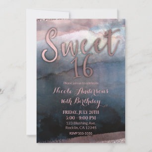 Invitation Fête Douce 16 Moderne Aquarelle Rose Gold & Bleu