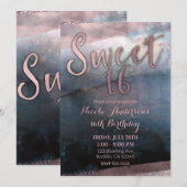 Invitation Fête Douce 16 Moderne Aquarelle Rose Or et Bleu (Devant / Derrière)