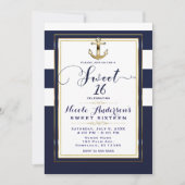 Invitation Fête douce 16 Navy Blanc & Or Ancrage Naution (Devant)