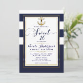 Invitation Fête douce 16 Navy Blanc & Or Ancrage Naution (Debout devant)