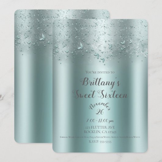 Invitation Fête douce 16 Papillon de flutter aqua sarcelle ar (Devant / Derrière)