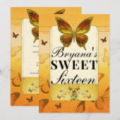 Invitation Fête douce 16 papillon orange jaune et or (Devant / Derrière)