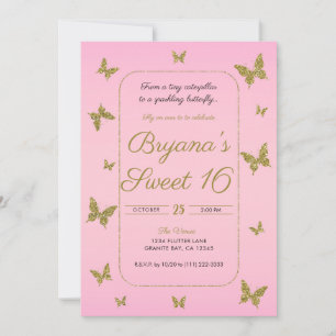 Invitation Fête douce 16 papillon paillettes rose et or