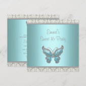 Invitation Fête douce 16 Papillon sarcelle en Damas (Devant / Derrière)