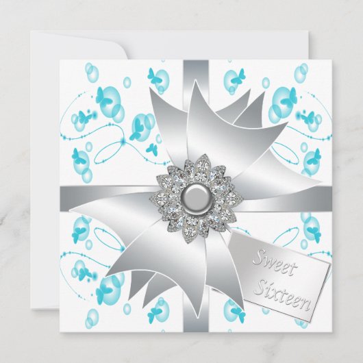 Invitation Fête Douce 16 Papillons Bulles Sarcelle (Devant)