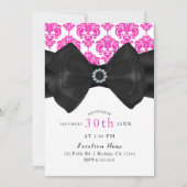 Invitation Fête douce 16 rose et blanc damassé noir noeud gla (Devant)