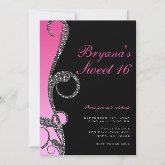 Invitation Fête Douce 16 Rose Noir Argent Paillettes Tourbill (Devant)