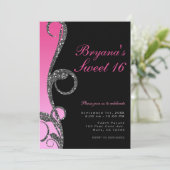 Invitation Fête Douce 16 Rose Noir Argent Paillettes Tourbill (Debout devant)