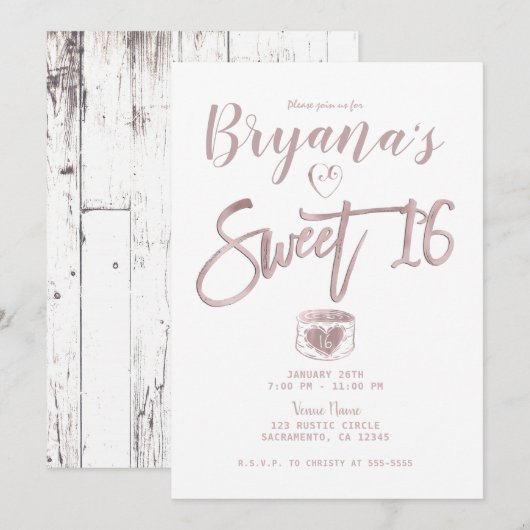 Invitation Fête Douce 16 Rustique Blanc Bois Rose Gold Rose (Devant / Derrière)