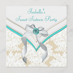 Invitation Fête douce 16 Teal Blue Damask