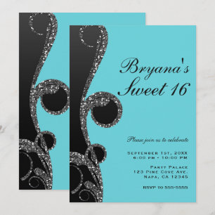 Invitation Fête Douce 16 Turquoise et Noir Paillettes d'Argen