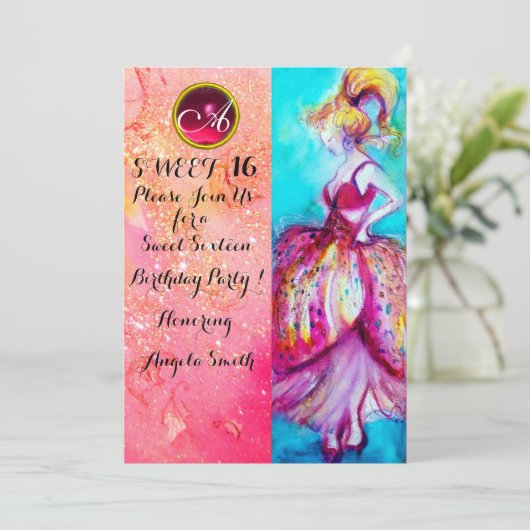 Invitation FÊTE DOUCE ADOLESCENTE 16 ANS,Paillettes Roses Mon (Debout devant)