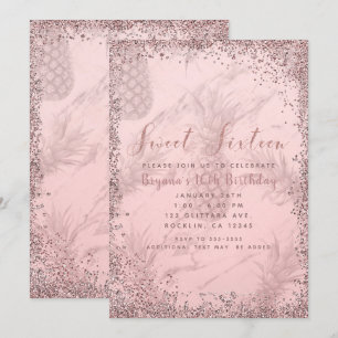 Invitation Fête Douce de 16 ans Glitter Ananas Or Rose Paille