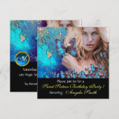 INVITATION FÊTE DOUCE DE 16 ANS PAPILLON BLEU  MONOGRAMME, OR (Devant / Derrière)