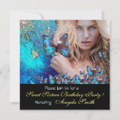 INVITATION FÊTE DOUCE DE 16 ANS PAPILLON BLEU  MONOGRAMME, OR (Devant)