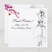 Invitation FÊTE DOUCE FILLE 16 ANS, Noir, Blanc Tourbillons R (Devant / Derrière)