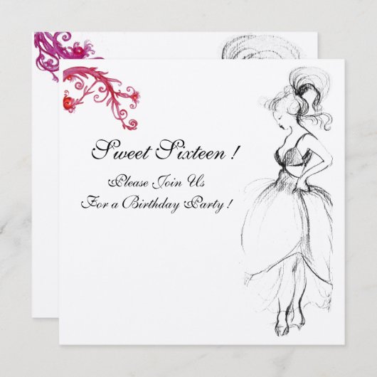 Invitation FÊTE DOUCE FILLE 16 ANS, Noir, Blanc Tourbillons R (Devant / Derrière)