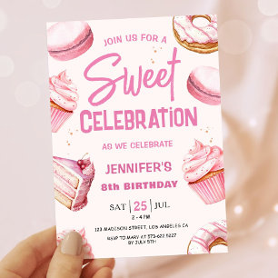 Invitation Fête Douce Fille 8 Ans Anniversaire Donuts Roses