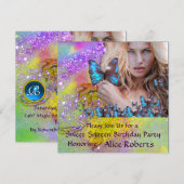 Invitation FÊTE DOUCE PAPILLON BLEU 16 ANS  MONOGRAMME, Champ (Devant / Derrière)