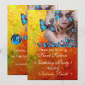 INVITATION FÊTE DOUCE PAPILLON BLEU 16 ANS  MONOGRAMME, OR (Devant / Derrière)