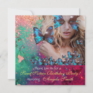 INVITATION FÊTE DOUCE PAPILLON BLEU 16 ANS  MONOGRAMME, OR