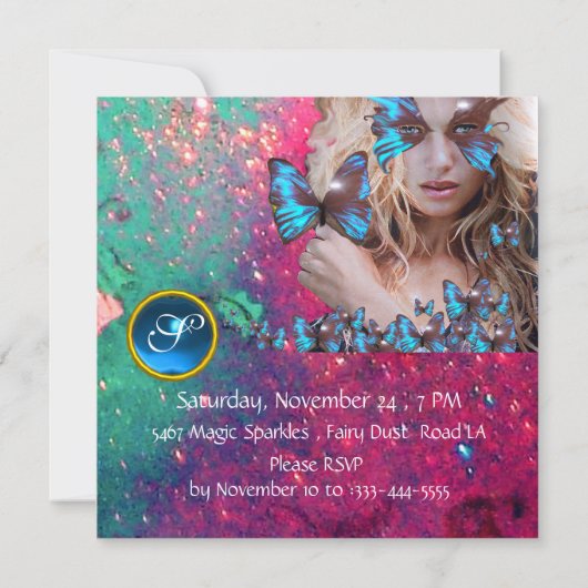 INVITATION FÊTE DOUCE POUR LES 16 ANS PAPILLON BLEU  MONOGRAM (Dos)