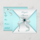 Invitation Fête Douce Seize ans Blanc Bleu Turquoise (Devant / Derrière)