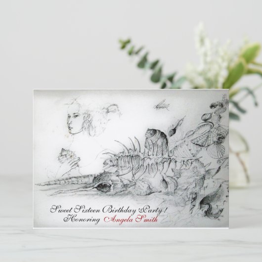 Invitation FÊTE DOUCE SEIZE ANS COQUILLAGES, Monogramme Rubis (Debout devant)