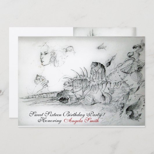 Invitation FÊTE DOUCE SEIZE ANS COQUILLAGES, Monogramme Rubis (Devant / Derrière)