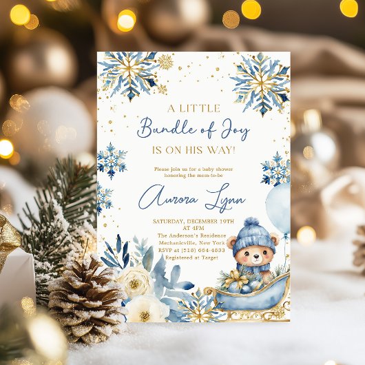 Invitation Fête d'ours bleu de Noël pour bébé garçon