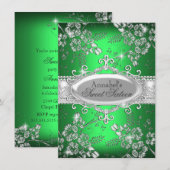 Invitation Fête Douze Ans Fleur Éclat Argenté Vert (Devant / Derrière)