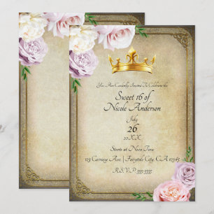 Invitation Fête Douze Ans Fleurie Couronne Or Royale Vintage