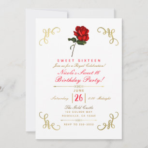 Invitation Fête Douze Ans Rose Rouge Coins Floraux Dorés