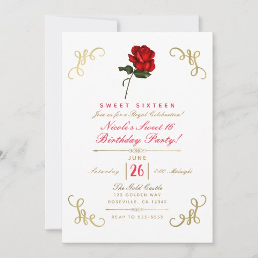 Invitation Fête Douze Ans Rose Rouge Coins Floraux Dorés (Devant)